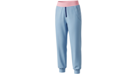 Isolated light blue sweatpants with pink waistband, comfortable casual clothing for women