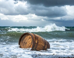 Wooden barrel on stormy shore
