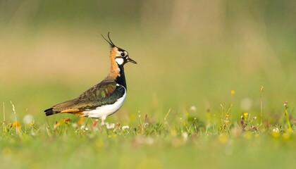 A bird with ornate plumage, standing in a field of grass and wildflowers. The sunlight illuminates the scene