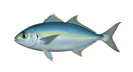 Isolated scad with blue and silver body, yellow stripe, sharp fins, and a forked tail