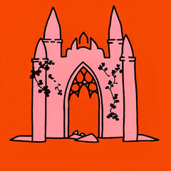 bold line sketch of an abandoned gothic cathedral