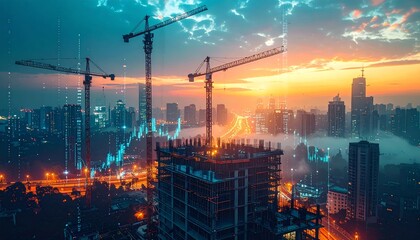 Construction site in an urban setting with cranes and financial data visualizations