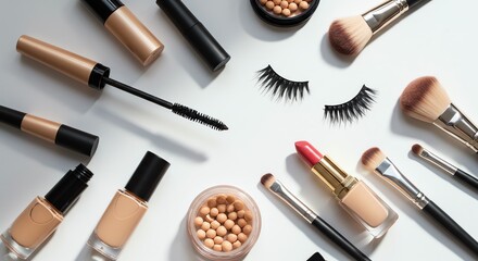 Makeup products and brushes arranged on white surface