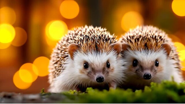 Hedgehogs in vibrant spaces. Two hedgehogs curiously explore a vibrant setting filled with soft light and foliage in a serene environment.