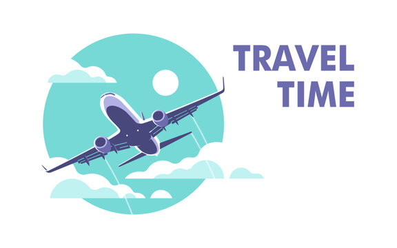Airplane gaining altitude between clouds. Travel and vacation time. Vector illustration in a minimalistic style.