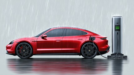 Electric Vehicle Charging in the Rain: A sleek, red electric vehicle is shown connected to a charging station under a gentle rain, showcasing the future of sustainable transport