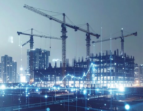 Construction site in an urban setting with cranes and financial data visualizations - Powered by Adobe
