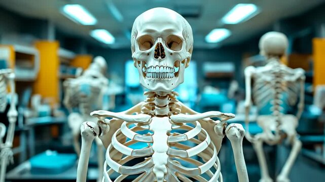 Classroom human skeleton model. A detailed human skeleton model is displayed in a classroom filled with medical learning resources and other skeletons.