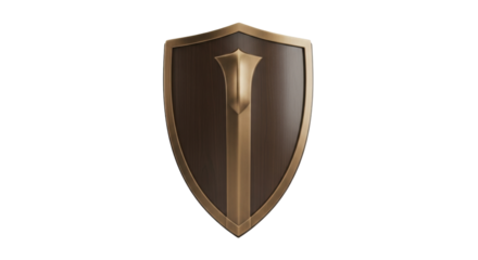 Isolated medieval shield with brown finish, shiny emblem, antique artifact, metal shield