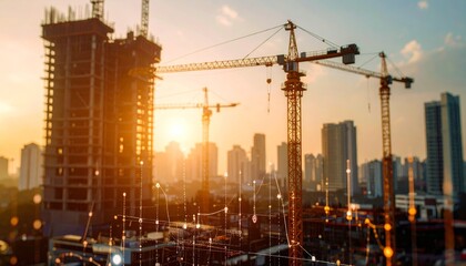 Fototapeta premium Construction site in an urban setting with cranes and financial data visualizations