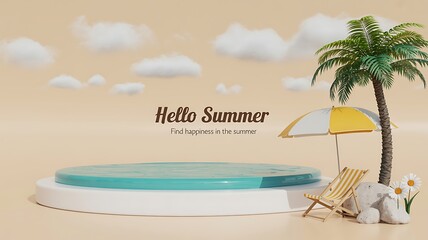 Fototapeta premium Hello summer with swimming pool, beach chair, umbrella, palm tree, and cloud scene