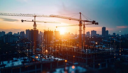 Construction site in an urban setting with cranes and financial data visualizations