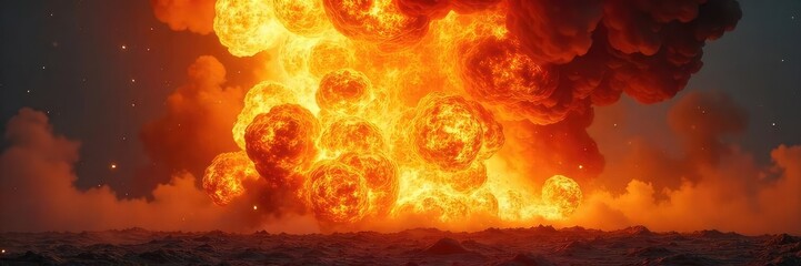 Fototapeta premium A dramatic explosion engulfed in fiery orange and yellow flames, billowing smoke creates a chaotic scene of intense destruction , pyrotechnics, wreckage, fire