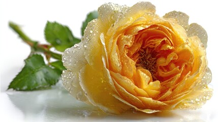 Golden Rose Unveiled: A close-up view of a radiant yellow rose, its delicate petals adorned with glistening dewdrops, evoking a sense of natural beauty and timeless elegance.