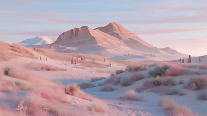 Dreamy Pastel Desert Landscape with Soft Pink Sand and Blue Mountains