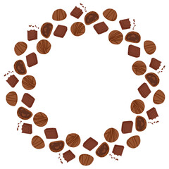 Round frame made of assorted chocolate candies, truffles and squares on white background. Vector sweet confectionery illustration for packaging design, cafe menu and branding with copy space