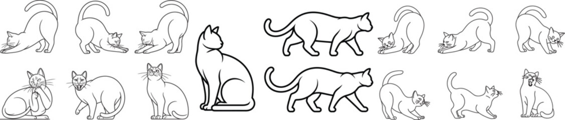 Collection of Cat Line Drawings in Various Poses Graphic Resource