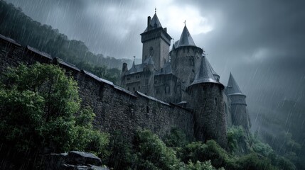 Gothic Fortress in Rain: An imposing medieval castle, shrouded in a misty rain, evokes a sense of history, mystery, and enduring strength. The towering structure, with its architectural grandeur.