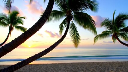 Tropical sunset scene featuring palm trees over a sandy beach and gentle waves, with vibrant colors - Powered by Adobe
