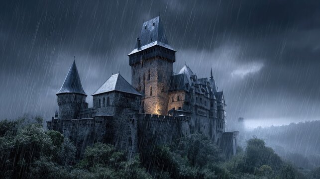Eerie Castle in Rain: A majestic and imposing castle stands silhouetted against a dramatic, stormy sky. Heavy rain adds a layer of mystique to the ancient architecture.