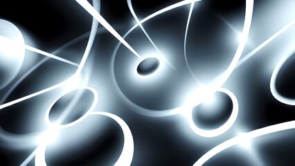 A dynamic abstract composition featuring luminous lines and circular shapes, creating a sense of movement and energy against a dark background.