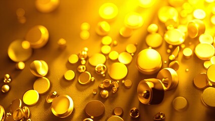A vibrant collection of shiny golden spheres and circles, illuminated by light, creating a captivating and warm visual effect.