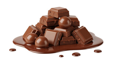 Isolated tempting pile of milk chocolate bars and balls in a puddle of melted chocolate