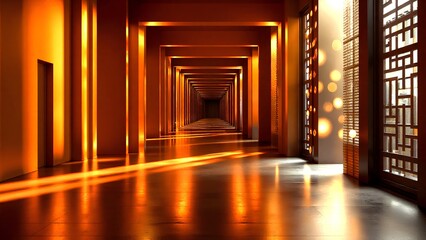 A warm-toned corridor with geometric patterns, illuminated by sunlight, creating an inviting and serene atmosphere.