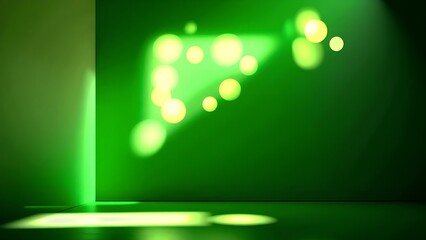 A vibrant green wall features glowing circular patterns, creating a lively and modern atmosphere.