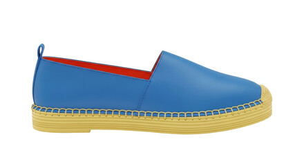 Isolated slip-on shoe espadrille fashion accessory in blue leather and yellow raffia sole
