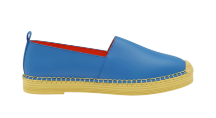 Isolated slip-on shoe espadrille fashion accessory in blue leather and yellow raffia sole