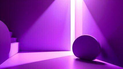 A modern, minimalist space featuring geometric shapes bathed in vibrant purple lighting, creating a striking visual contrast and depth.