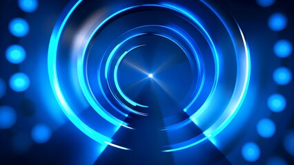 A vibrant blue graphic featuring concentric circles and a radiant light source, creating a dynamic and futuristic atmosphere.