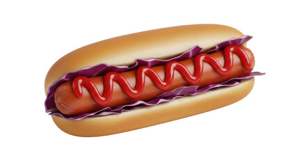 Isolated Hotdog with Ketchup and Purple Cabbage in a Bun, Culinary Delight, Food Photo