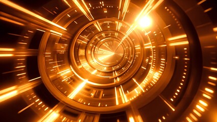 A vibrant, abstract design featuring swirling golden light beams, creating a sense of motion and depth in a circular pattern.