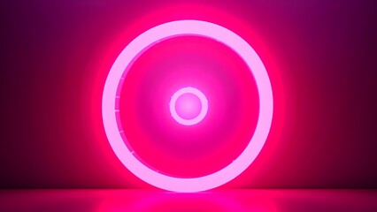 A vibrant pink circular neon light installation, featuring concentric rings and a glowing core, creates a striking visual against a dark background.