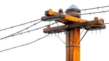 Electric Pole with Wires: Capturing an aged wooden utility pole with several electric wires. Clear shot of a power line pole under a neutral sky. 