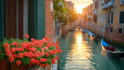 Beautiful Venice Canal at Sunset with Flowers. - Powered by Adobe