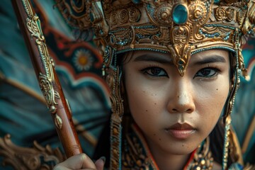 Fototapeta premium Portrait of a young asian woman wearing an elaborate traditional headdress and holding a decorated staff