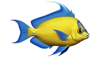 Isolated tropical fish with yellow body and blue fins for aquarium design or print media
