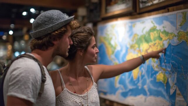 A couple with travel backpacks eagerly points at distant countries on a world map, their faces alight with excitement and wanderlust.