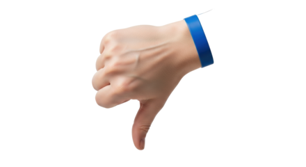 Isolated gesture of hand with wristband giving thumbs down disapproval concept of disagreement