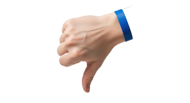 Isolated gesture of hand with wristband giving thumbs down disapproval concept of disagreement