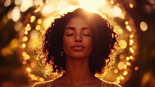Woman meditation in nature at sunrise, glowing yoga mandala, spiritual nirvana awareness, mystical lights effects