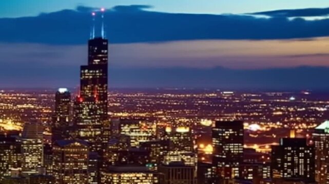 Beautiful cityscape showing tall skyscrapers and glowing buildings under a colorful sunset sky. The view captures the transition from day to night, emphasizing the charm of urban life and modern archi