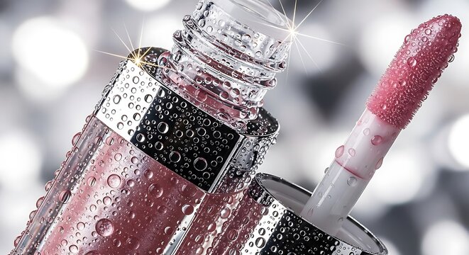 Elegant pink lip gloss with a sparkling finish and water droplets, perfect for beauty campaigns and cosmetic ads showcasing a fresh, vibrant look