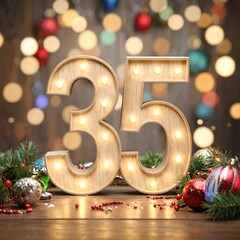 Wooden illuminated numbers 35 on a rustic background with festive decorations