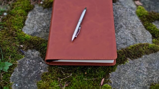 A brown leather notebook with a silver pen rests on textured stone amid patches of green moss