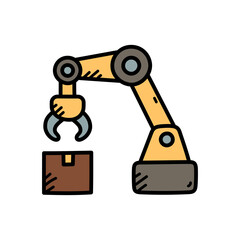 Stylized Industrial Robot Arm Lifting Brown Package on Transparent Background