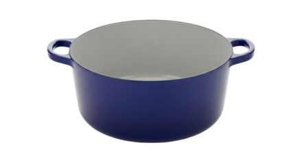Isolated blue cast iron dutch oven for cooking, stewing or baking, on clean background
